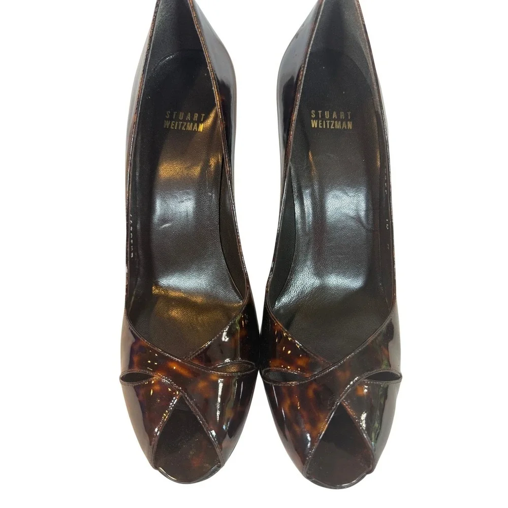Stuart Weitzman Tortoise Patent Leather Peep Toe Stiletto Pumps Brown 10